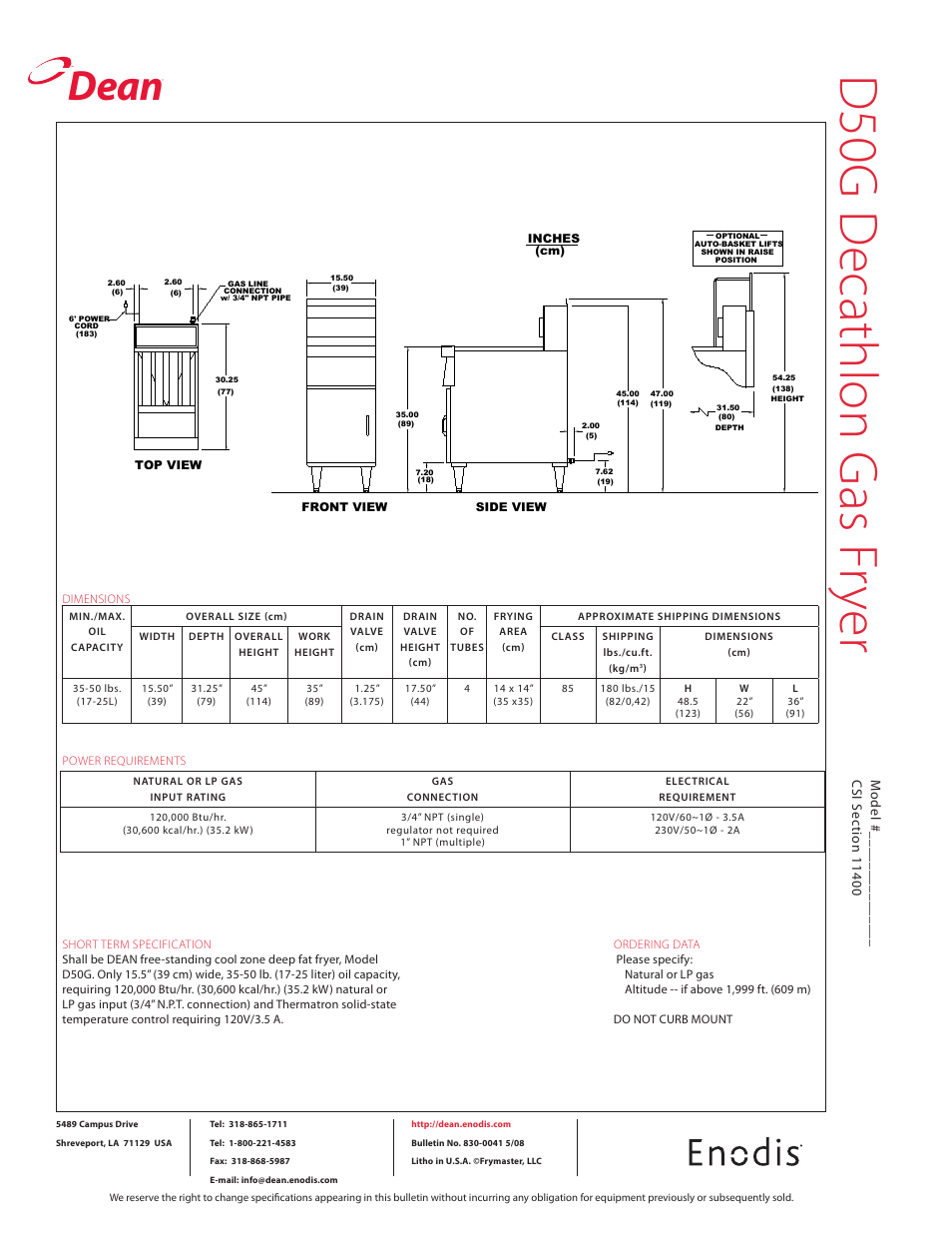 D50 g d ec ath lo n g as fr ye r, Dean | Frymaster D50G User Manual | Page 2 / 2