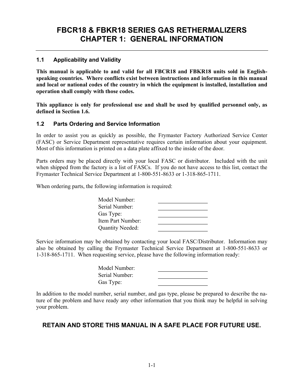 Frymaster Gas Rethermalizers FBKR18 Series User Manual | Page 6 / 60