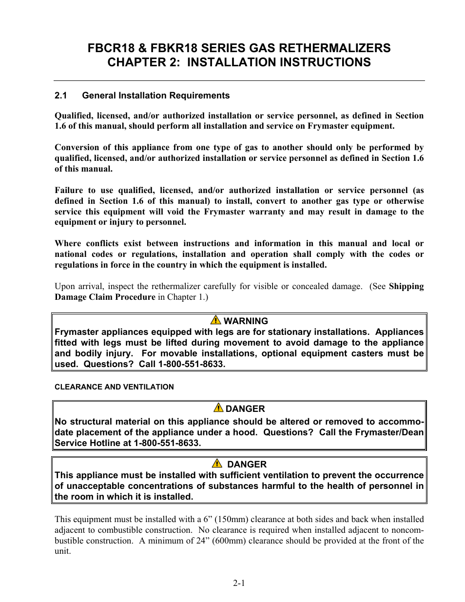 Frymaster Gas Rethermalizers FBKR18 Series User Manual | Page 9 / 60