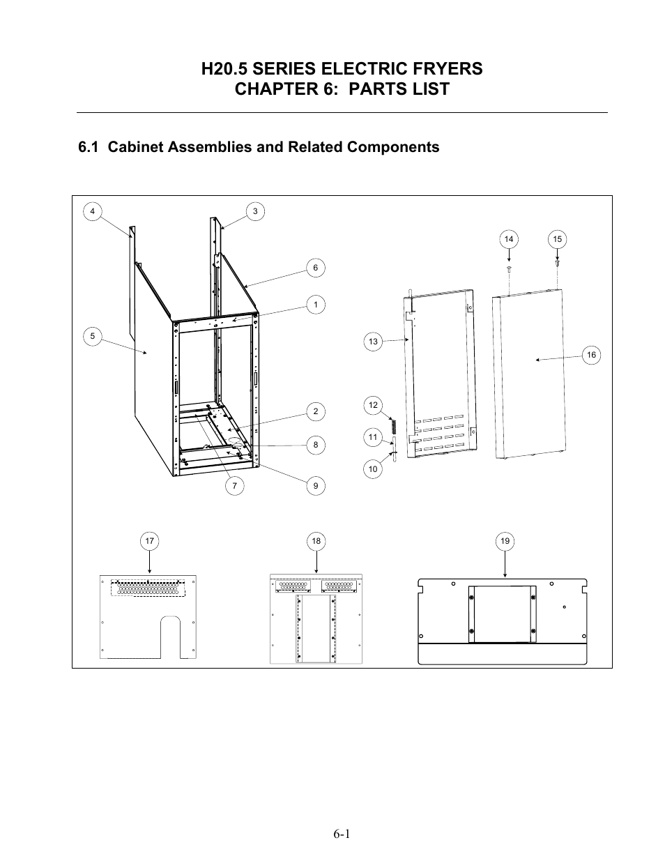 H20.5 series electric fryers chapter 6: parts list, 1 cabinet assemblies and related components | Frymaster H20.5 SERIES User Manual | Page 31 / 42