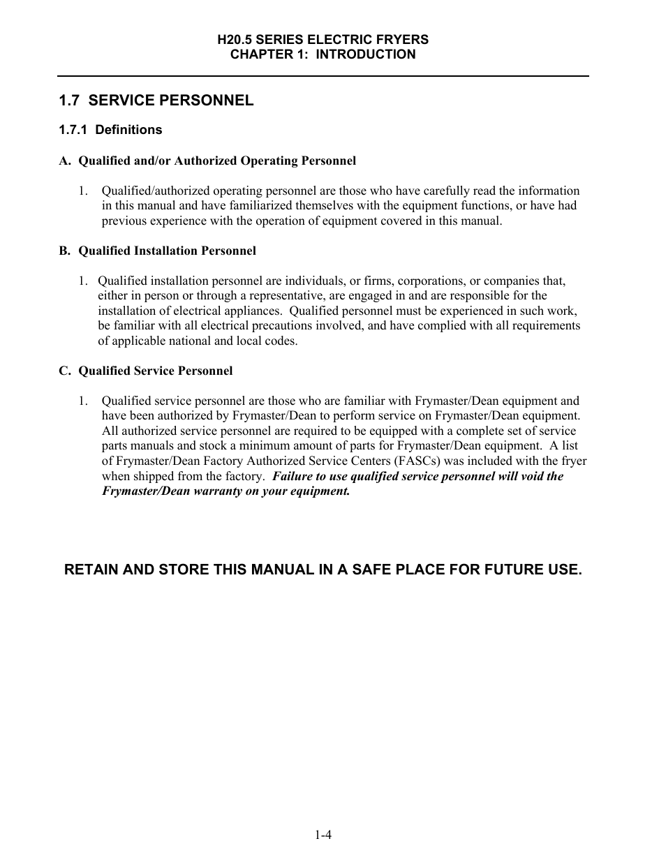 7 service personnel | Frymaster H20.5 SERIES User Manual | Page 8 / 42