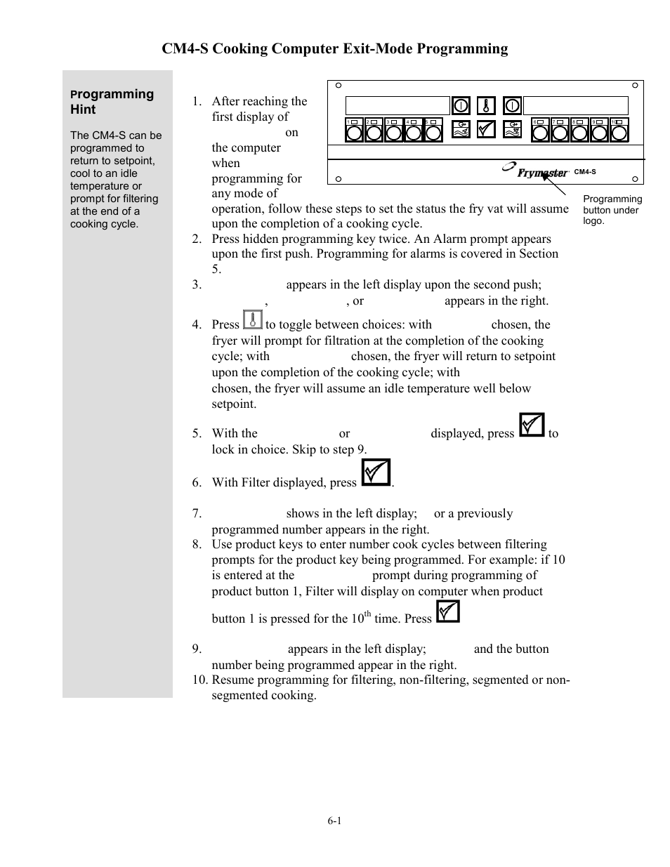 Cm4-s cooking computer exit-mode programming, Rogramming hint | Frymaster cm45 s User Manual | Page 22 / 26