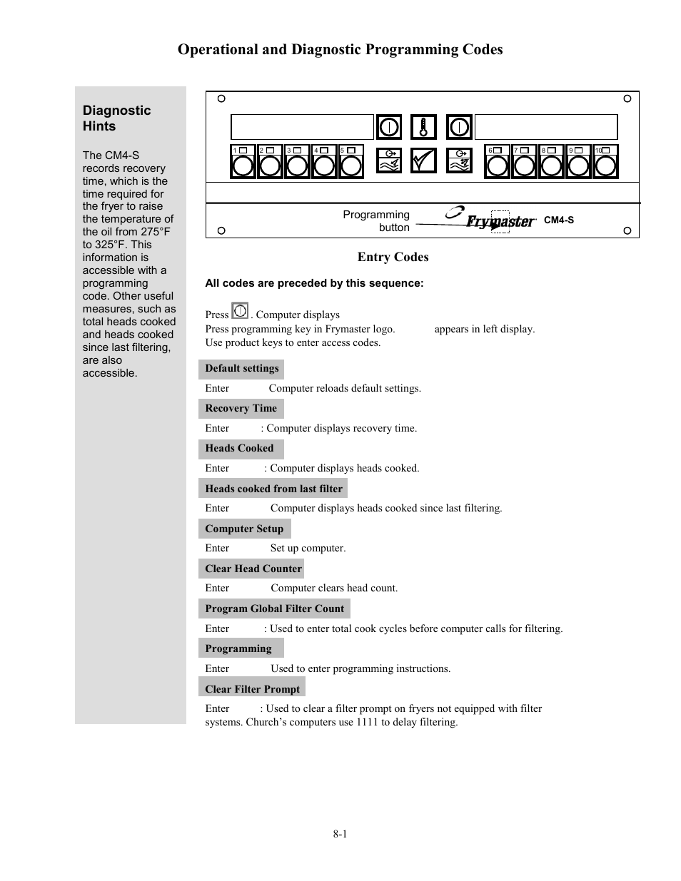 Operational and diagnostic programming codes, Entry codes, Diagnostic hints | Frymaster cm45 s User Manual | Page 24 / 26