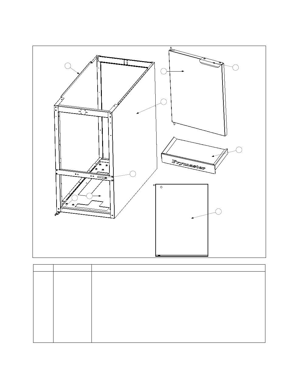 Fe155 rethermalizer chapter 2: parts list, Cabinet components item part # component | Frymaster FE155 User Manual | Page 17 / 18