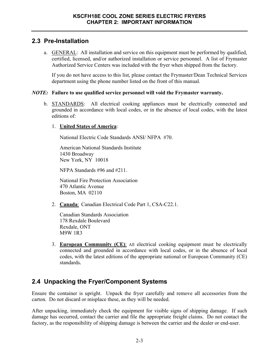 3 pre-installation, 4 unpacking the fryer/component systems | Frymaster FLYMASTER KSCFH18E User Manual | Page 10 / 58