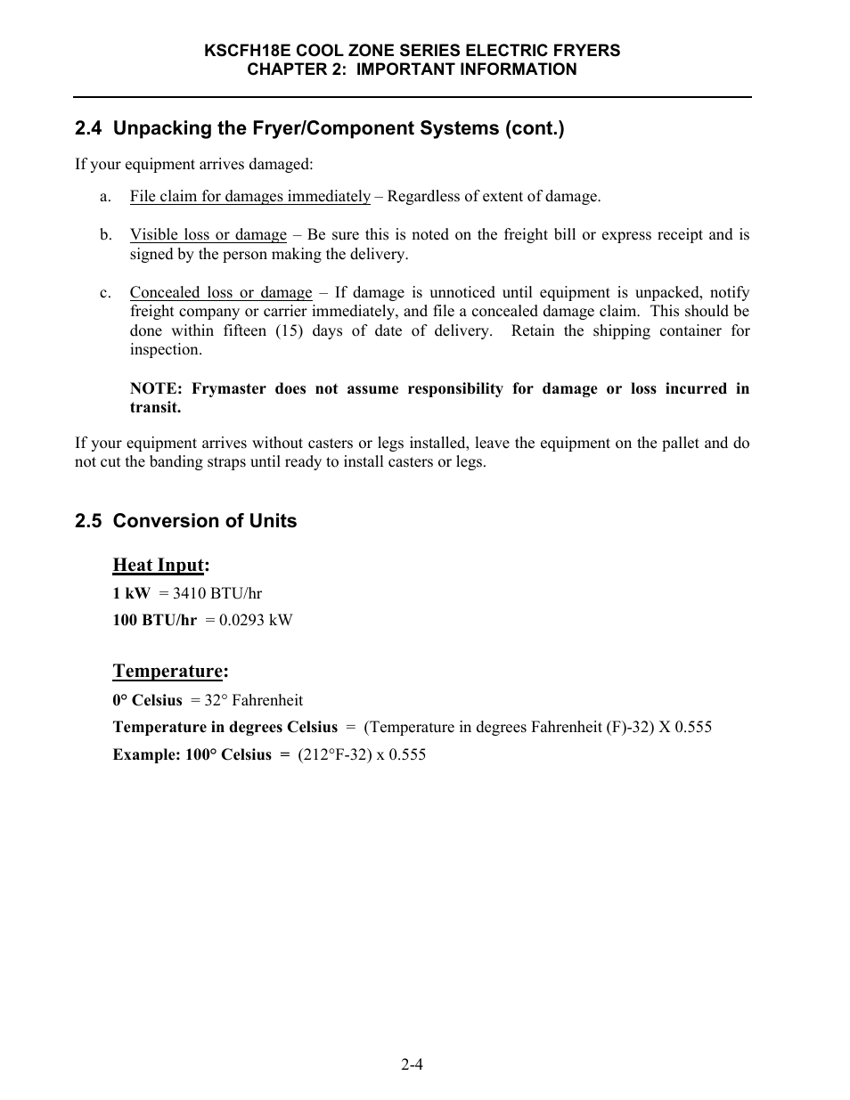 4 unpacking the fryer/component systems (cont.), 5 conversion of units, Heat input | Temperature | Frymaster FLYMASTER KSCFH18E User Manual | Page 11 / 58