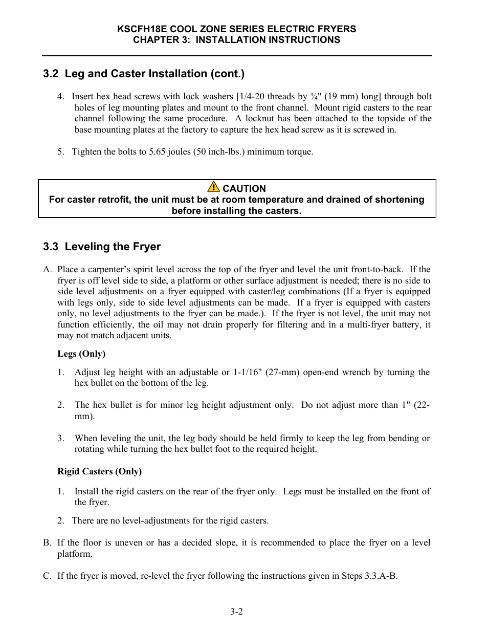 2 leg and caster installation (cont.), 3 leveling the fryer | Frymaster FLYMASTER KSCFH18E User Manual | Page 13 / 58