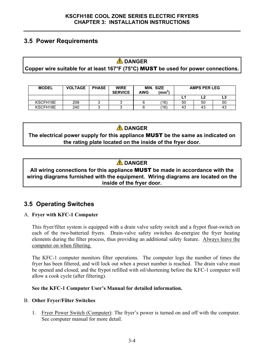 5 power requirements, 5 operating switches | Frymaster FLYMASTER KSCFH18E User Manual | Page 15 / 58