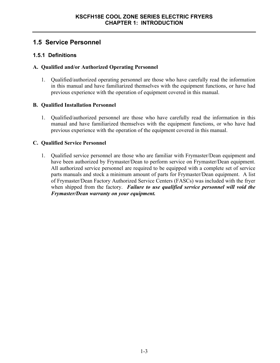 5 service personnel | Frymaster FLYMASTER KSCFH18E User Manual | Page 7 / 58