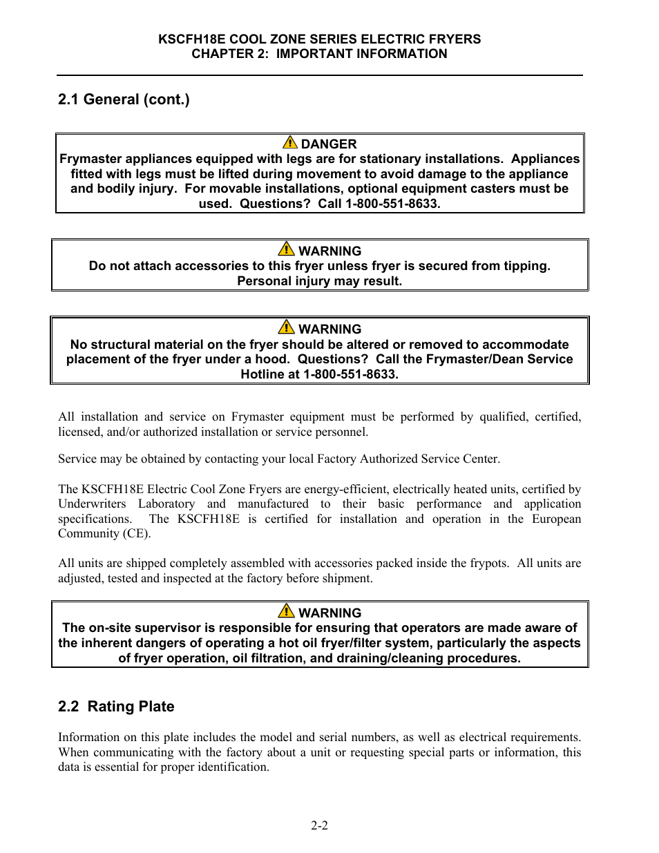 1 general (cont.), 2 rating plate | Frymaster FLYMASTER KSCFH18E User Manual | Page 9 / 58