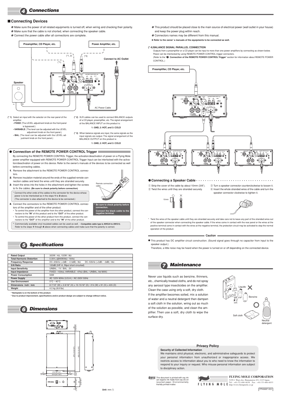 Maintenance, Dimensions, Connections | Specifications, Connecting devices, Privacy policy, Connection of the remote power control trigger, Connecting a speaker cable | Flying Mole DADM310 User Manual | Page 2 / 2