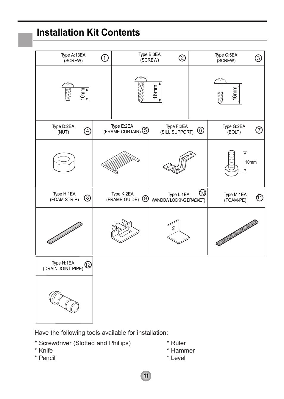 Installation kit contents | Friedrich CP06 User Manual | Page 12 / 59