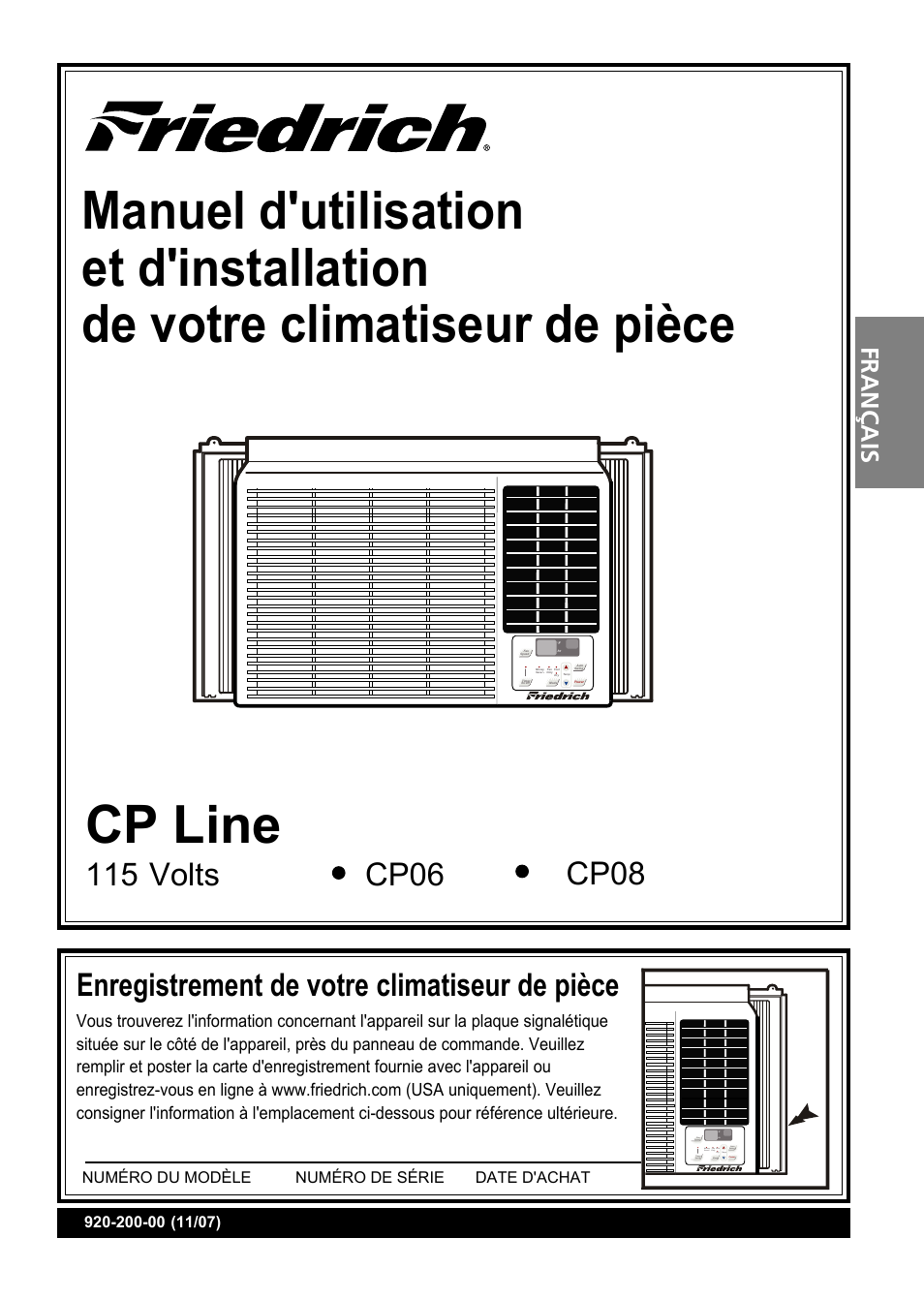 法语--ok.pdf, 封面需要修改.pdf, Cp line | Enregistrement de votre climatiseur de pièce, Français | Friedrich CP06 User Manual | Page 20 / 59