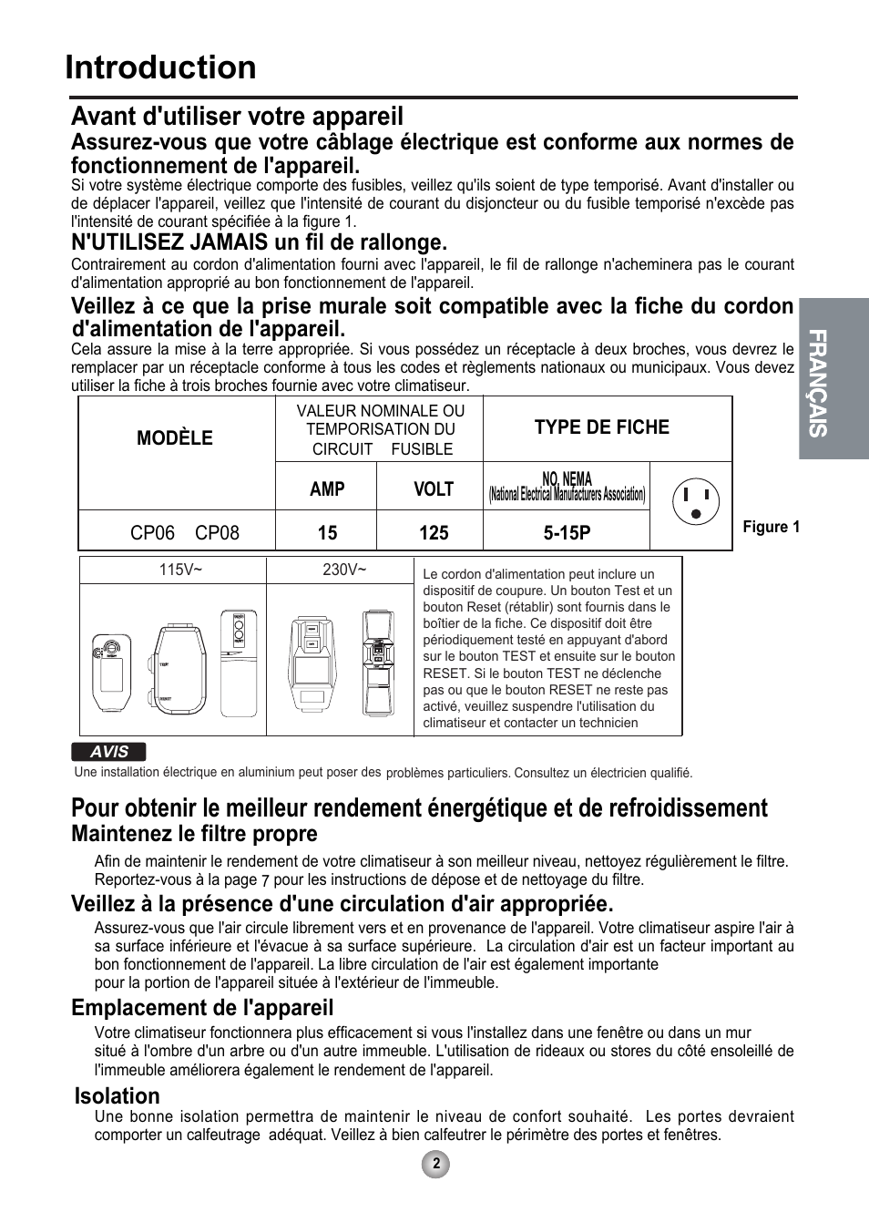 Introduction, Avant d'utiliser votre appareil, Français | N'utilisez jamais un fil de rallonge, Maintenez le filtre propre, Emplacement de l'appareil, Isolation | Friedrich CP06 User Manual | Page 22 / 59