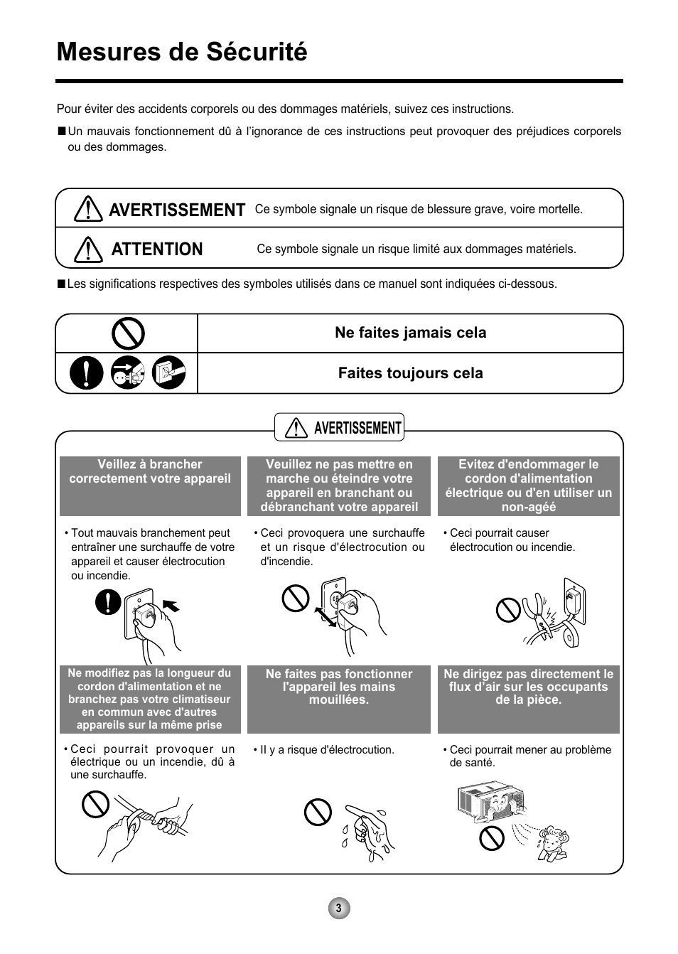 Mesures de sécurité, Attention, Avertissement | Friedrich CP06 User Manual | Page 23 / 59