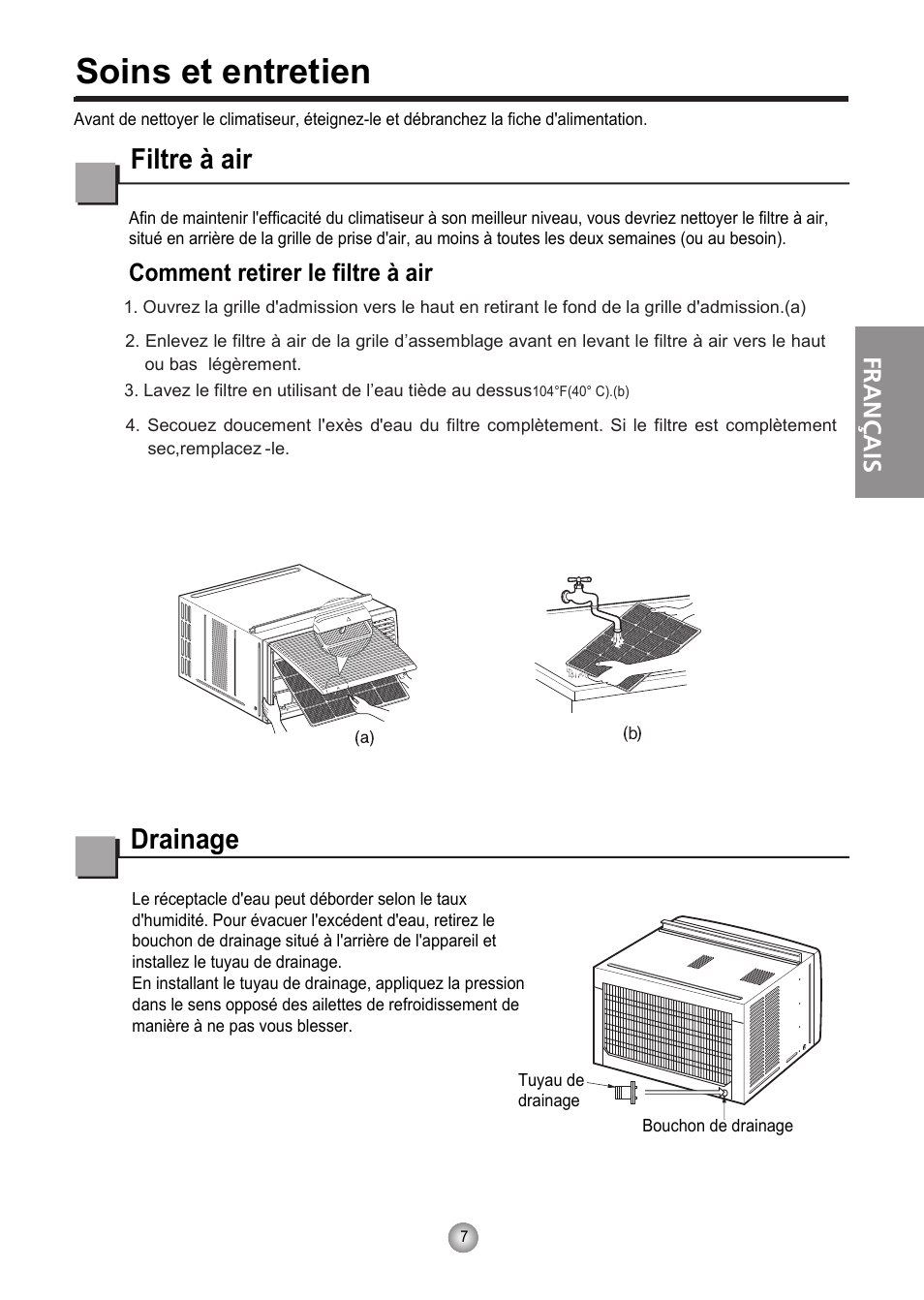 Soins et entretien, Filtre à air, Drainage | Comment retirer le filtre à air, Français | Friedrich CP06 User Manual | Page 27 / 59