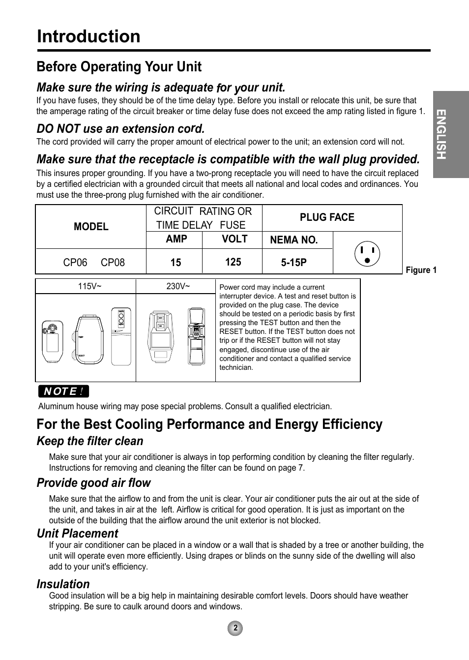 Introduction, Before operating your unit, Gn e | Make sure the wiring is adequate for your unit, Do not use an extension cord, Keep the filter clean, Provide good air flow, Unit placement, Insulation | Friedrich CP06 User Manual | Page 3 / 59