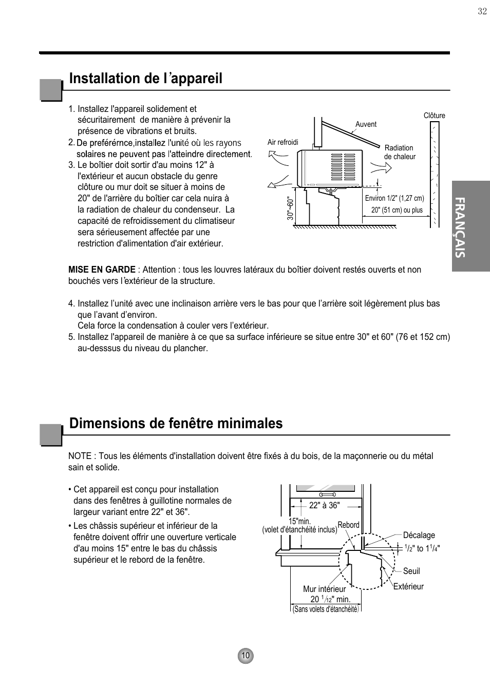 Installation de l’appareil, Dimensions de fenêtre minimales, Français | Friedrich CP06 User Manual | Page 30 / 59