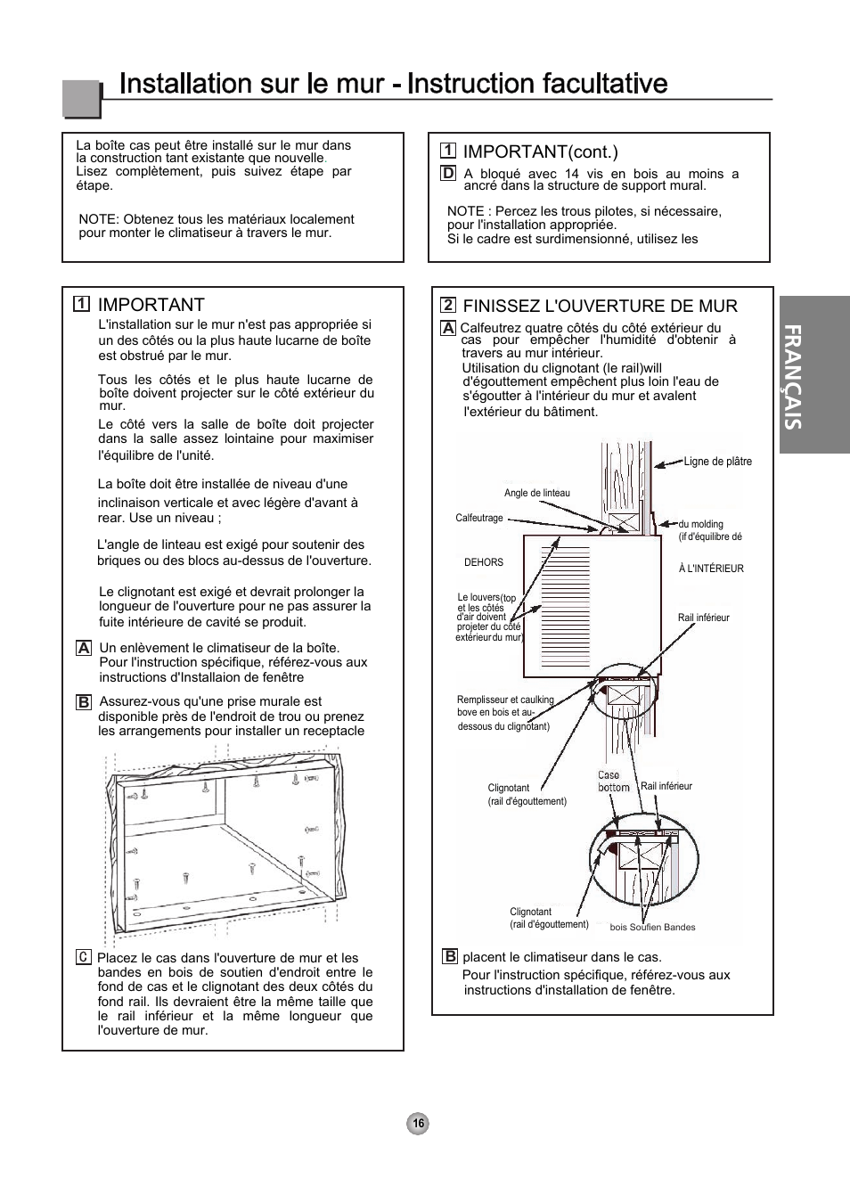 Installation sur le mur - instruction facultative, Français, Important | Important(cont.), Finissez l'ouverture de mur | Friedrich CP06 User Manual | Page 36 / 59