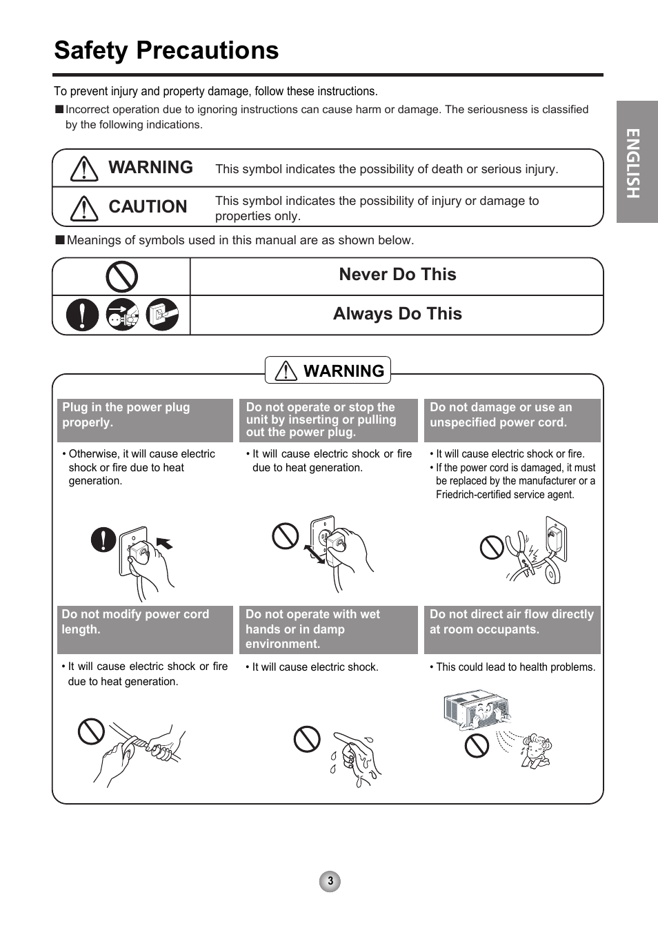 Safety precautions, English, Caution | Never do this always do this, Warning | Friedrich CP06 User Manual | Page 4 / 59