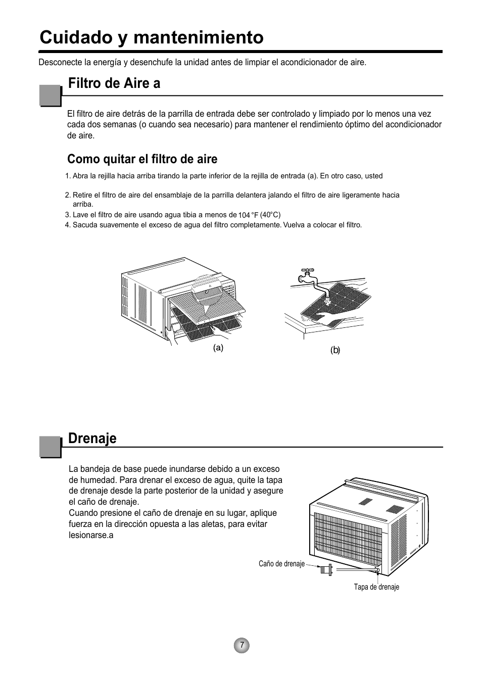 Cuidado y mantenimiento, Filtro de aire a, Drenaje | Como quitar el filtro de aire | Friedrich CP06 User Manual | Page 46 / 59