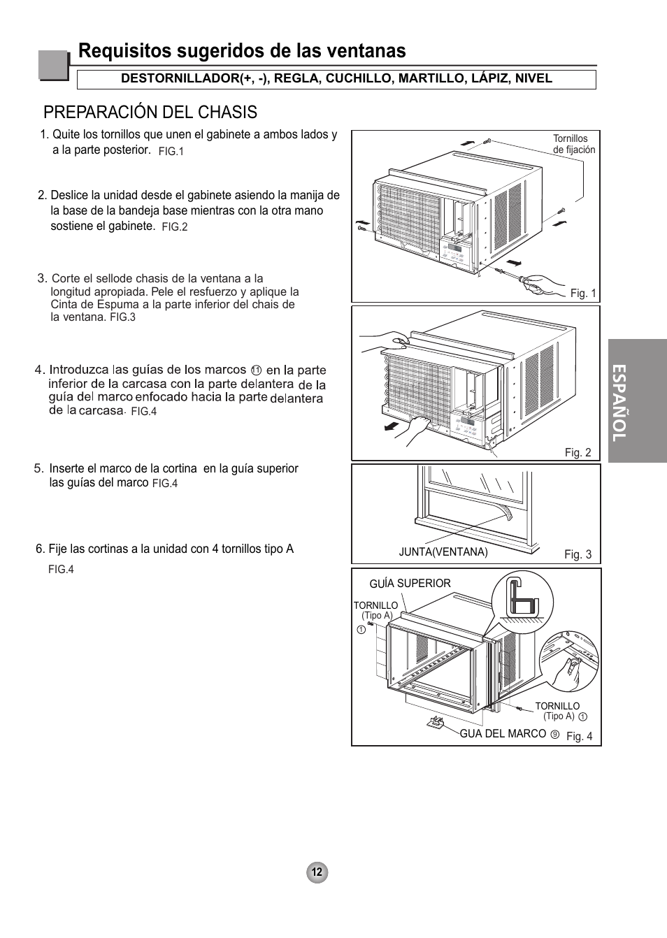 Requisitos sugeridos de las ventanas, Preparación del chasis, Español | Friedrich CP06 User Manual | Page 51 / 59
