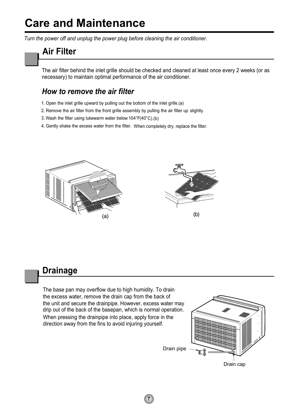 Care and maintenance, Air filter, Drainage | How to remove the air filter | Friedrich CP06 User Manual | Page 8 / 59