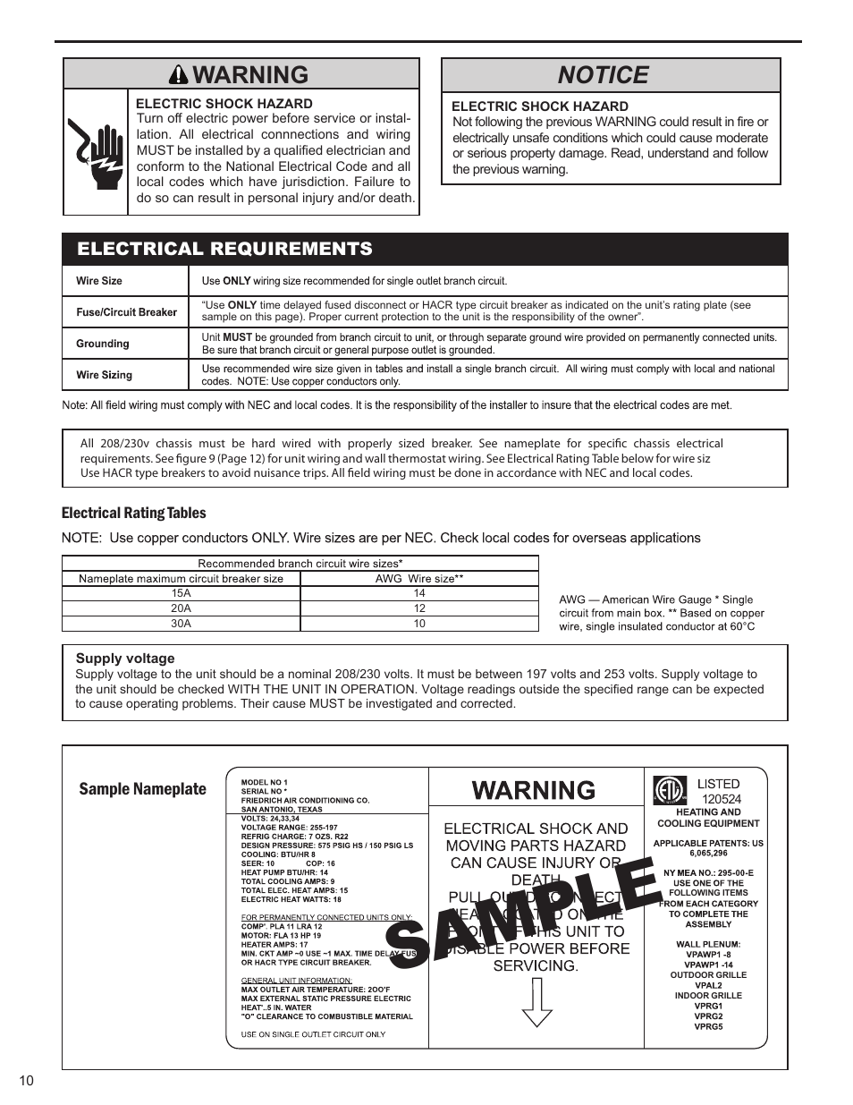 Samp le, Notice, Warning | Electrical requirements, Sample nameplate | Friedrich 9 User Manual | Page 12 / 56