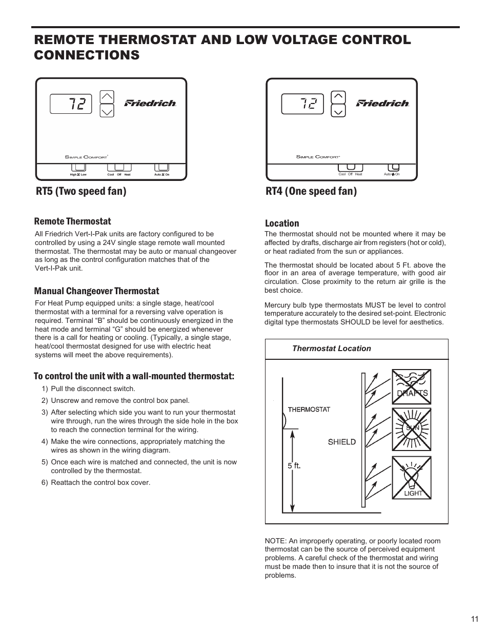 Rt5 (two speed fan) rt4 (one speed fan), Manual changeover thermostat, Location | Friedrich 9 User Manual | Page 13 / 56