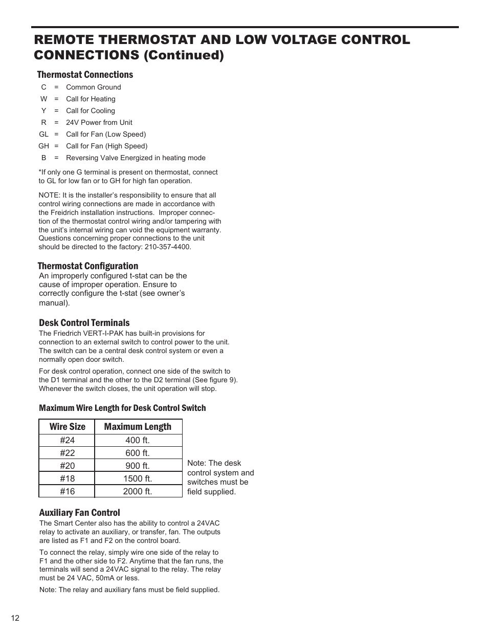 Desk control terminals, Wire size maximum length, Auxiliary fan control | Thermostat connections thermostat configuration | Friedrich 9 User Manual | Page 14 / 56