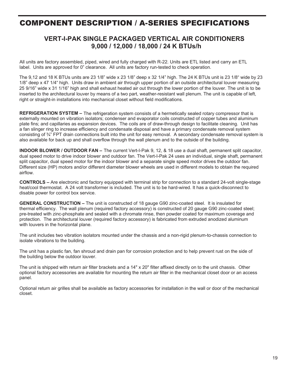 Component description / a-series specifications | Friedrich 9 User Manual | Page 21 / 56