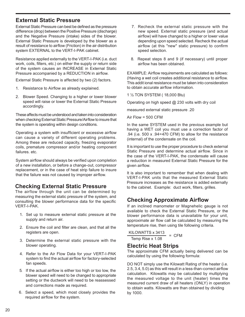 External static pressure, Checking external static pressure, Checking approximate airﬂ ow | Electric heat strips | Friedrich 9 User Manual | Page 22 / 56