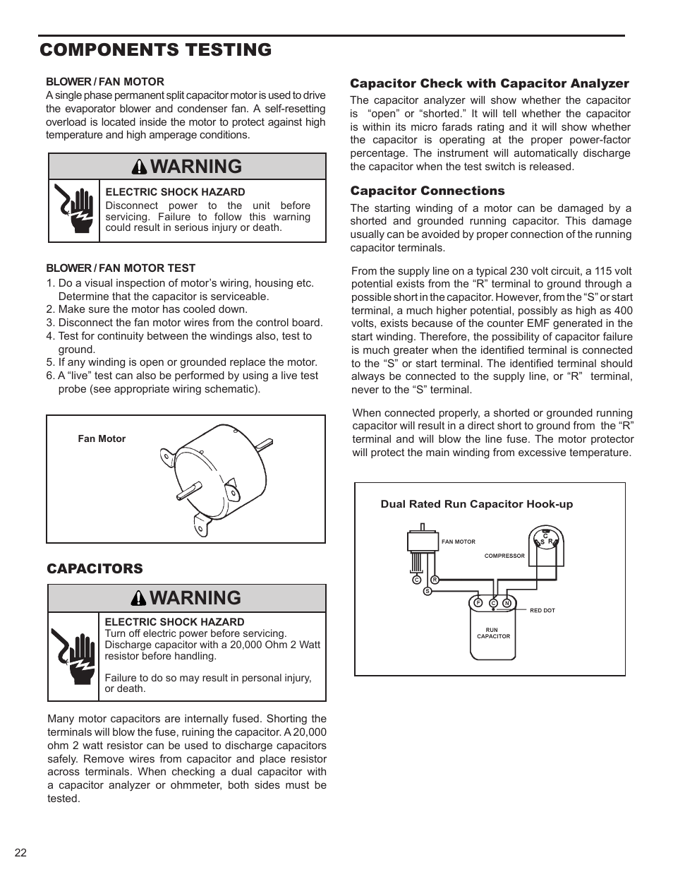 Warning, Components testing, Capacitors | Friedrich 9 User Manual | Page 24 / 56