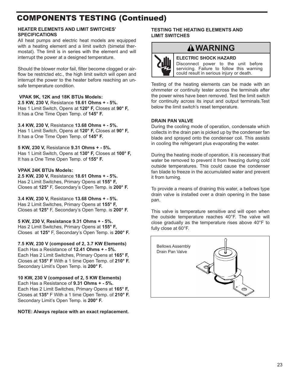 Warning, Components testing (continued) | Friedrich 9 User Manual | Page 25 / 56