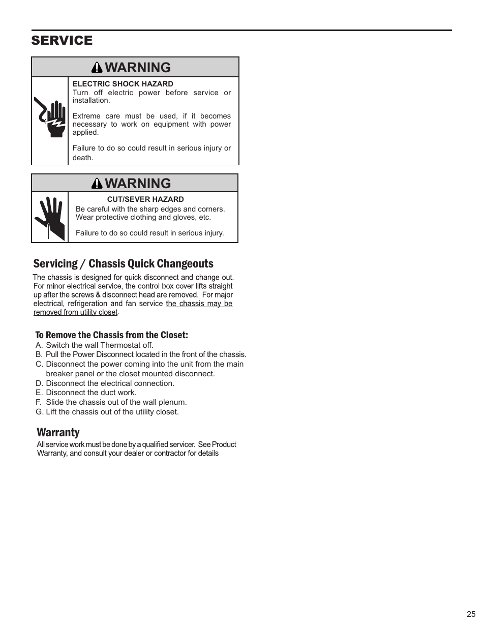 Warning, Service, Servicing / chassis quick changeouts | Warranty | Friedrich 9 User Manual | Page 27 / 56
