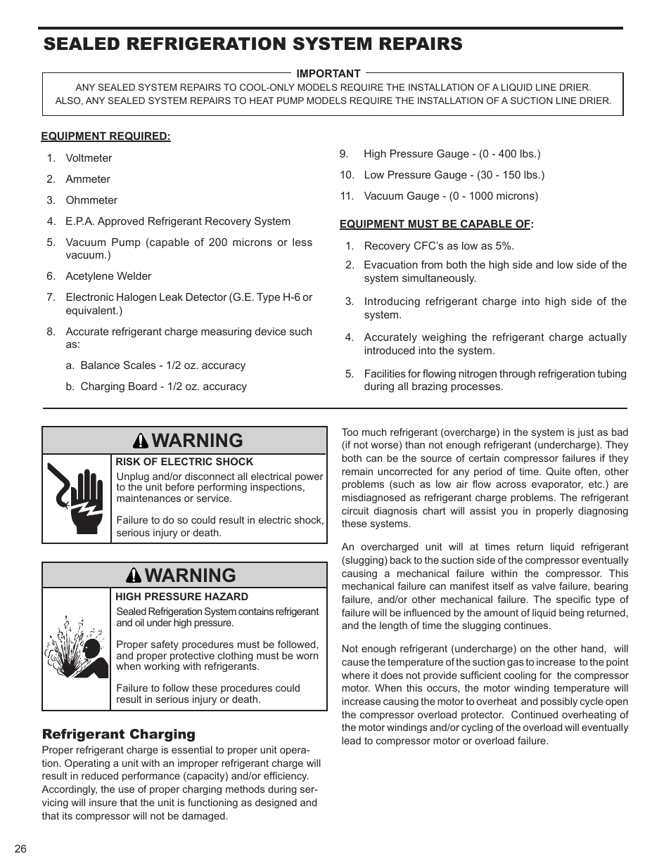 Warning, Sealed refrigeration system repairs, Refrigerant charging | Friedrich 9 User Manual | Page 28 / 56