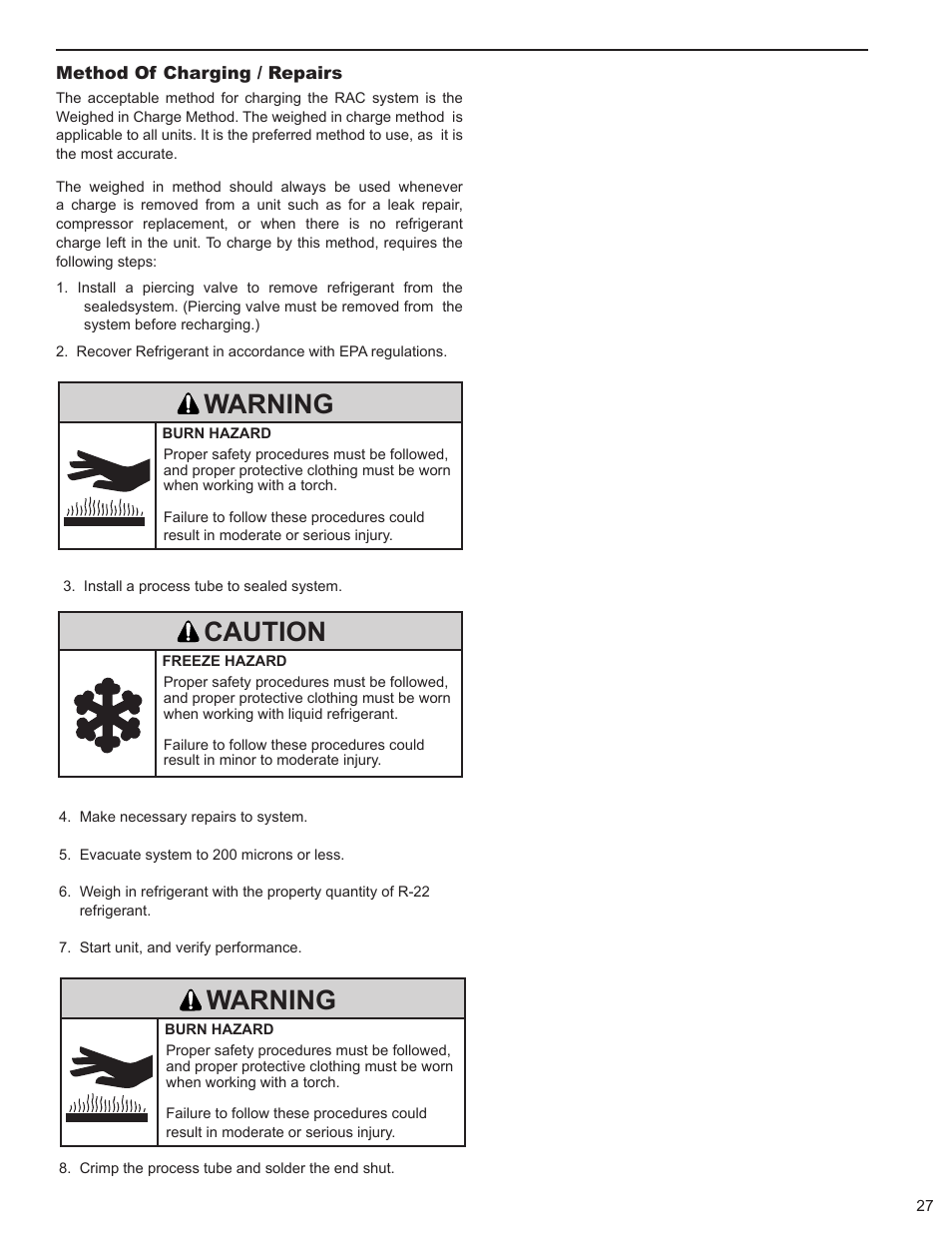 Warning caution, Warning | Friedrich 9 User Manual | Page 29 / 56