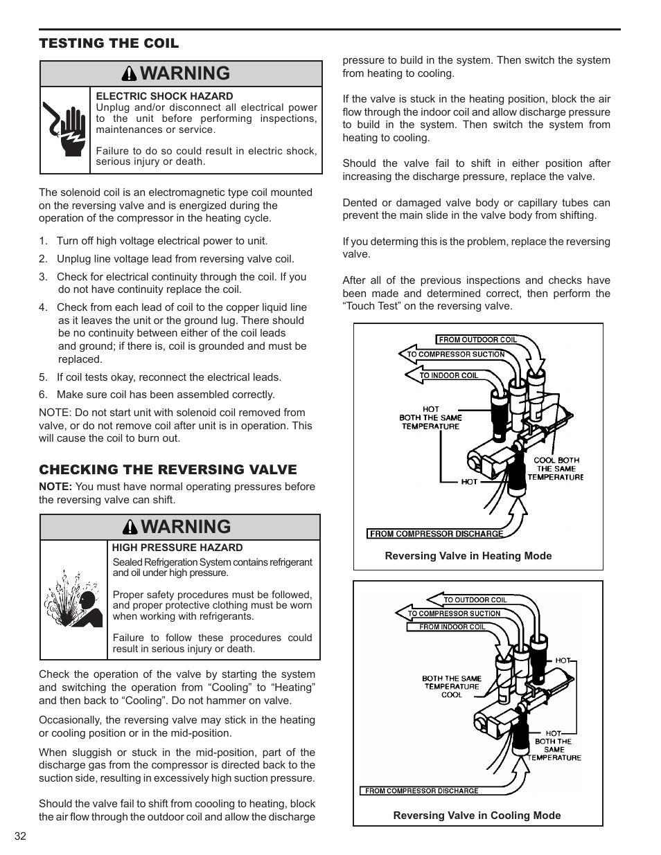 Warning, Testing the coil, Checking the reversing valve | Friedrich 9 User Manual | Page 34 / 56