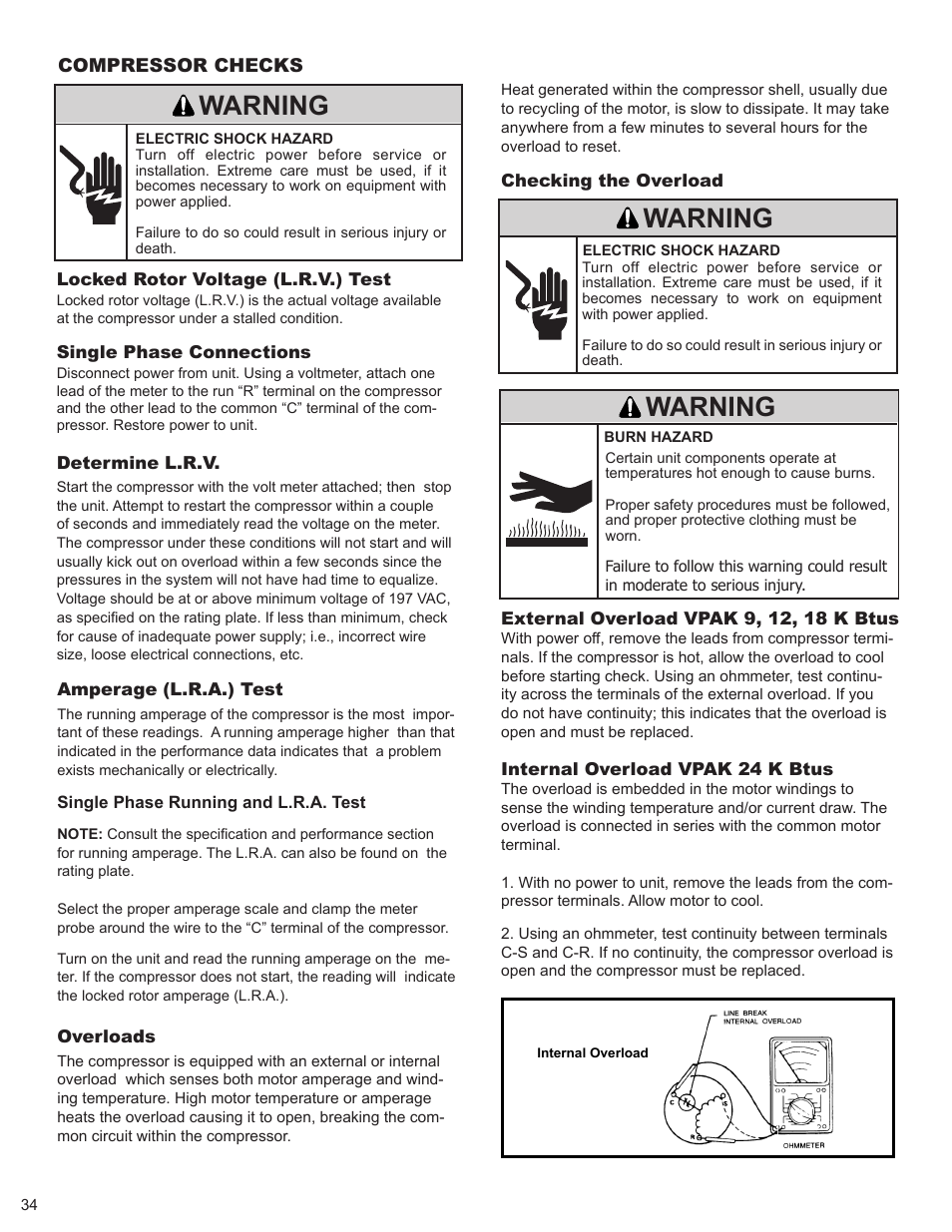 Warning, Compressor checks | Friedrich 9 User Manual | Page 36 / 56