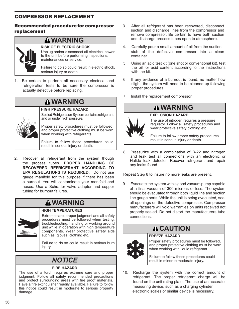 Warning, Notice, Caution | Compressor replacement | Friedrich 9 User Manual | Page 38 / 56