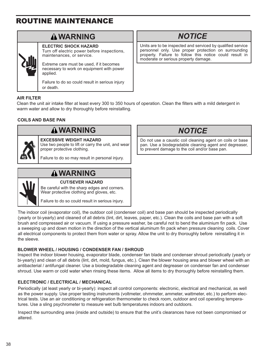 Notice, Warning, Routine maintenance | Friedrich 9 User Manual | Page 40 / 56