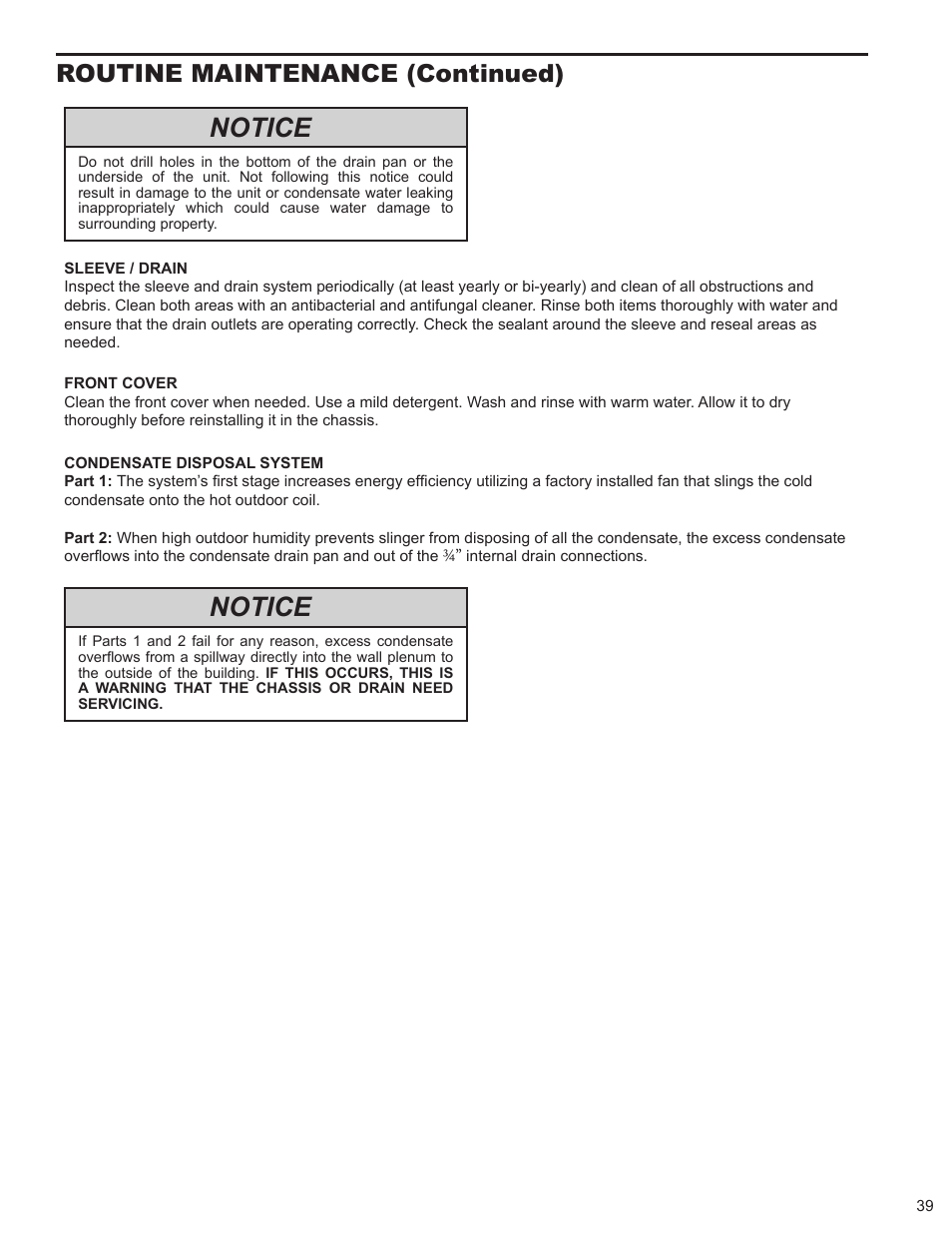 Notice, Routine maintenance (continued) | Friedrich 9 User Manual | Page 41 / 56
