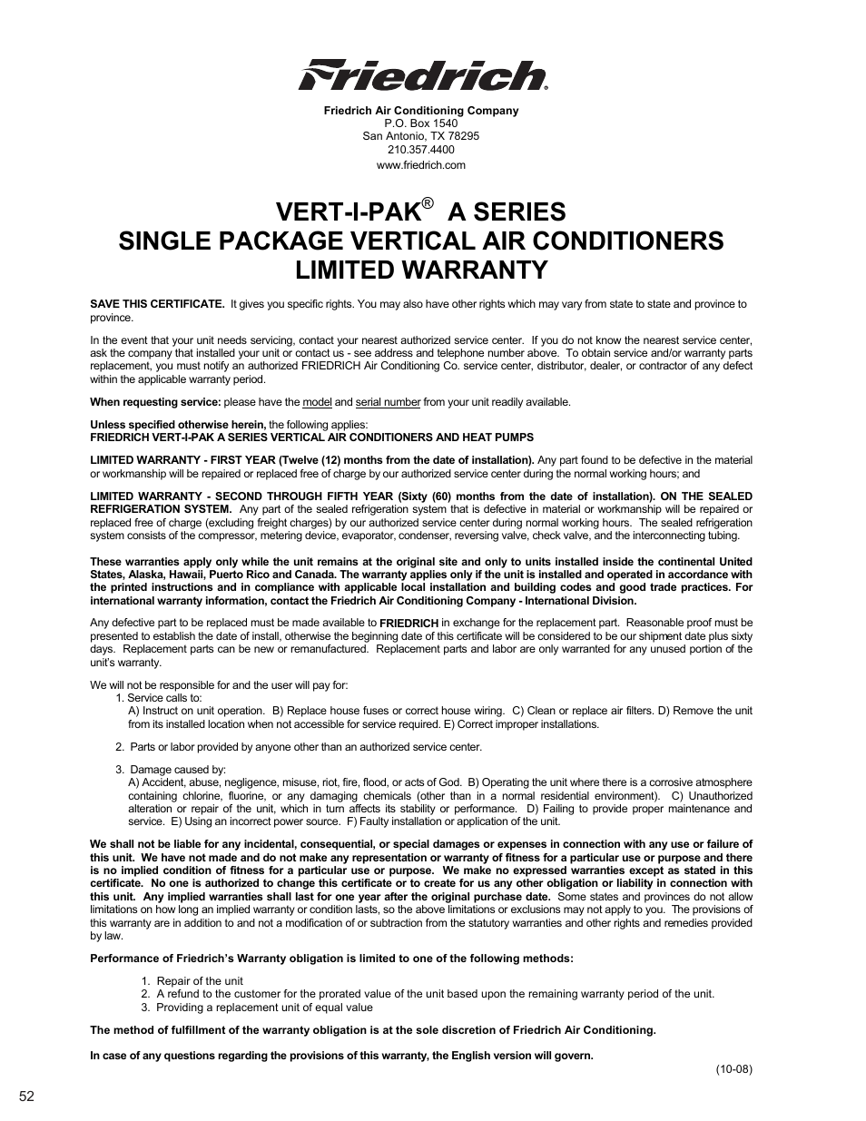 Vert-i-pak | Friedrich 9 User Manual | Page 54 / 56