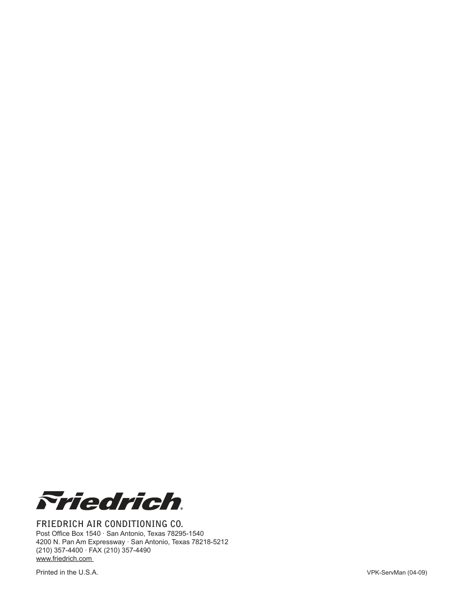 Friedrich air conditioning co | Friedrich 9 User Manual | Page 56 / 56