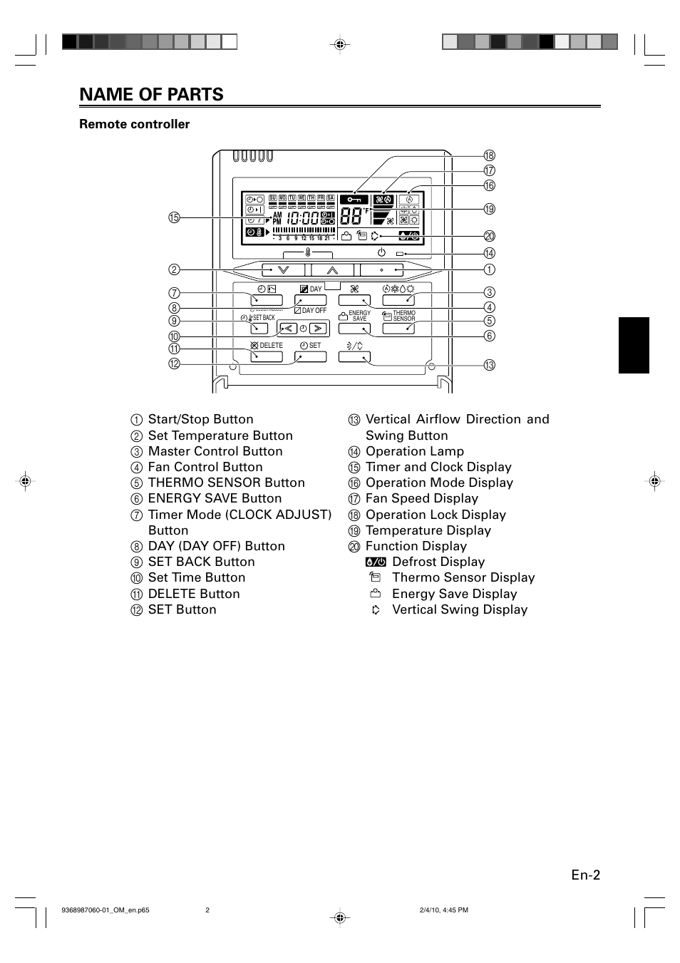 Name of parts, En-2 | Friedrich P/N9368987060-01 User Manual | Page 3 / 18