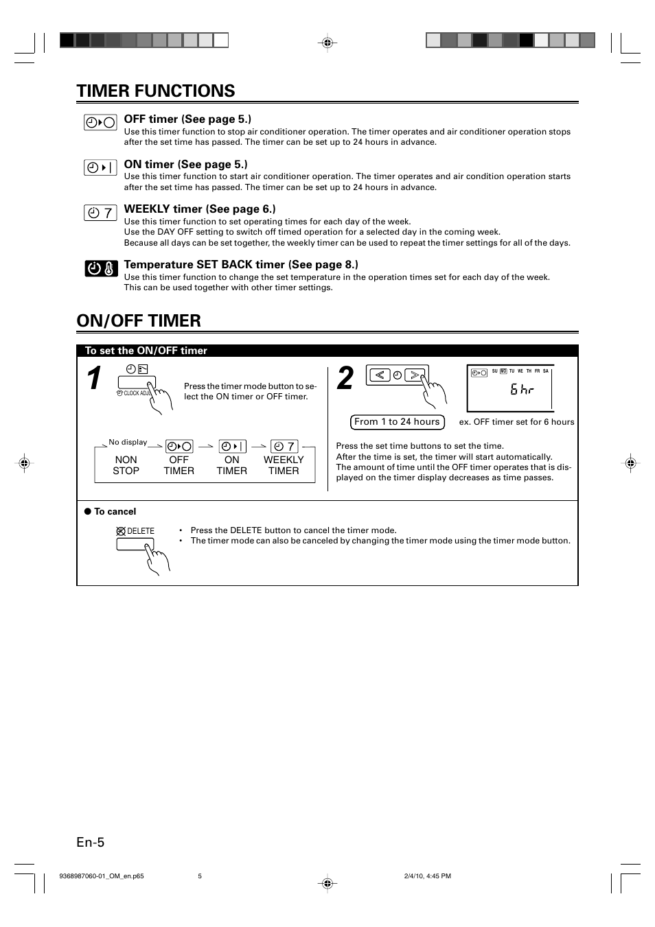 Timer functions, On/off timer, En-5 | Friedrich P/N9368987060-01 User Manual | Page 6 / 18