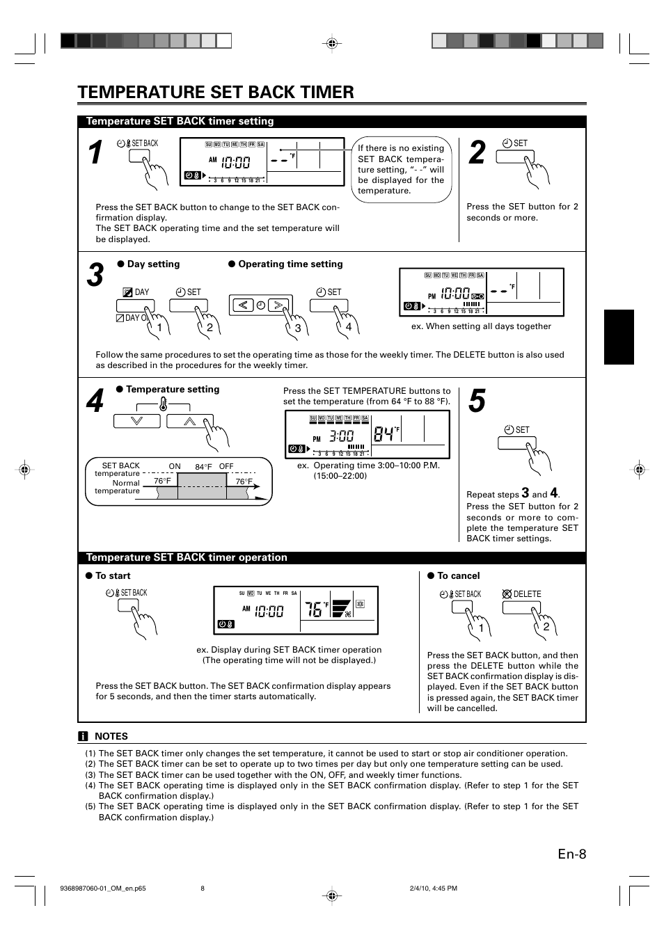 Temperature set back timer, En-8 | Friedrich P/N9368987060-01 User Manual | Page 9 / 18