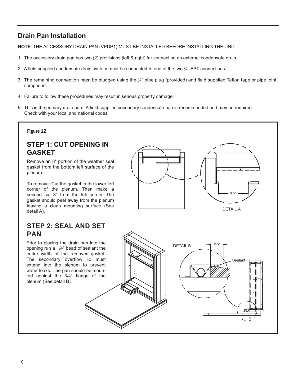 Drain pan installation | Friedrich 24,000 BTU/h User Manual | Page 12 / 72