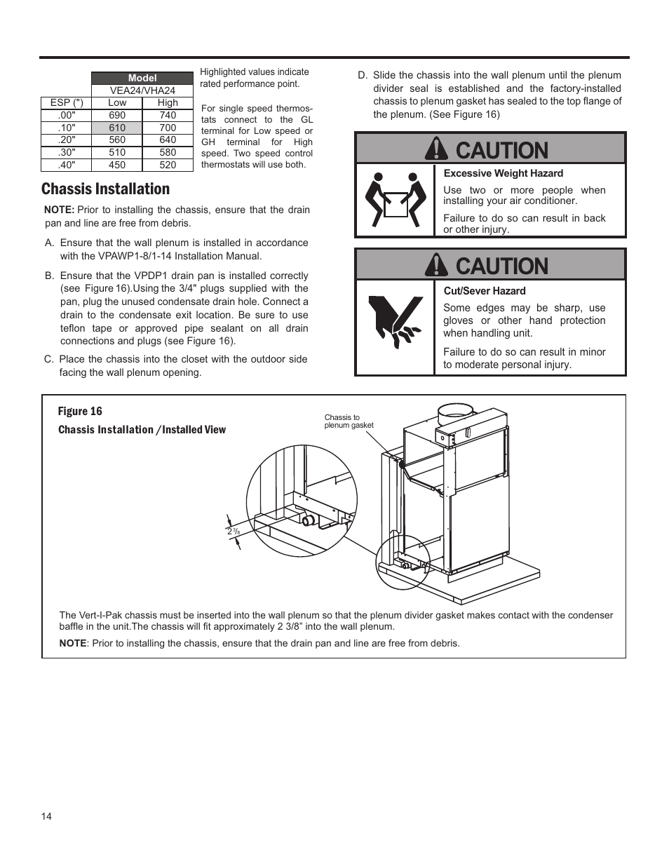 Caution, Chassis installation, Figure 16 | Friedrich 24,000 BTU/h User Manual | Page 16 / 72