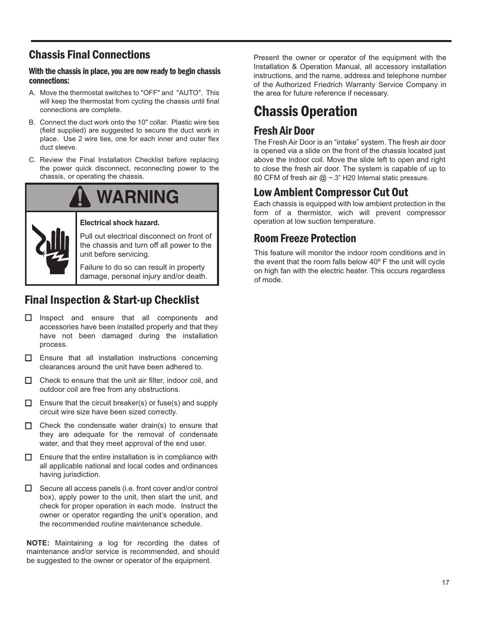 Warning, Chassis operation, Chassis final connections | Final inspection & start-up checklist | Friedrich 24,000 BTU/h User Manual | Page 19 / 72